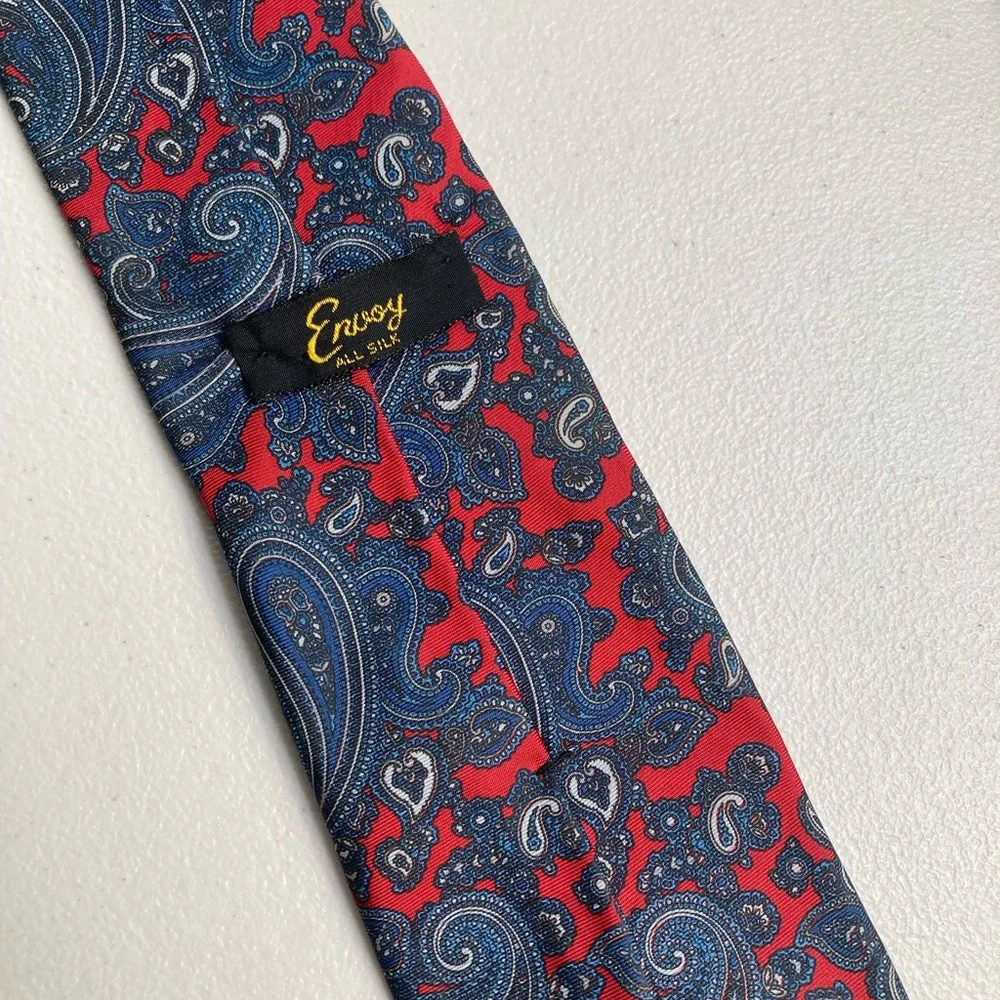 Envoy 100% Silk Red Tie With Blue Paisley Pattern